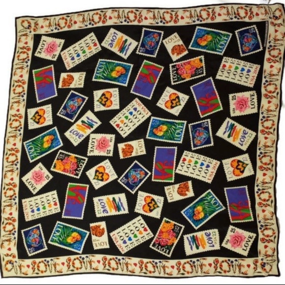Vintage Smithsonian "LOVE" Stamp Scarf 32" Square~SILK! History of "Love" Stamps